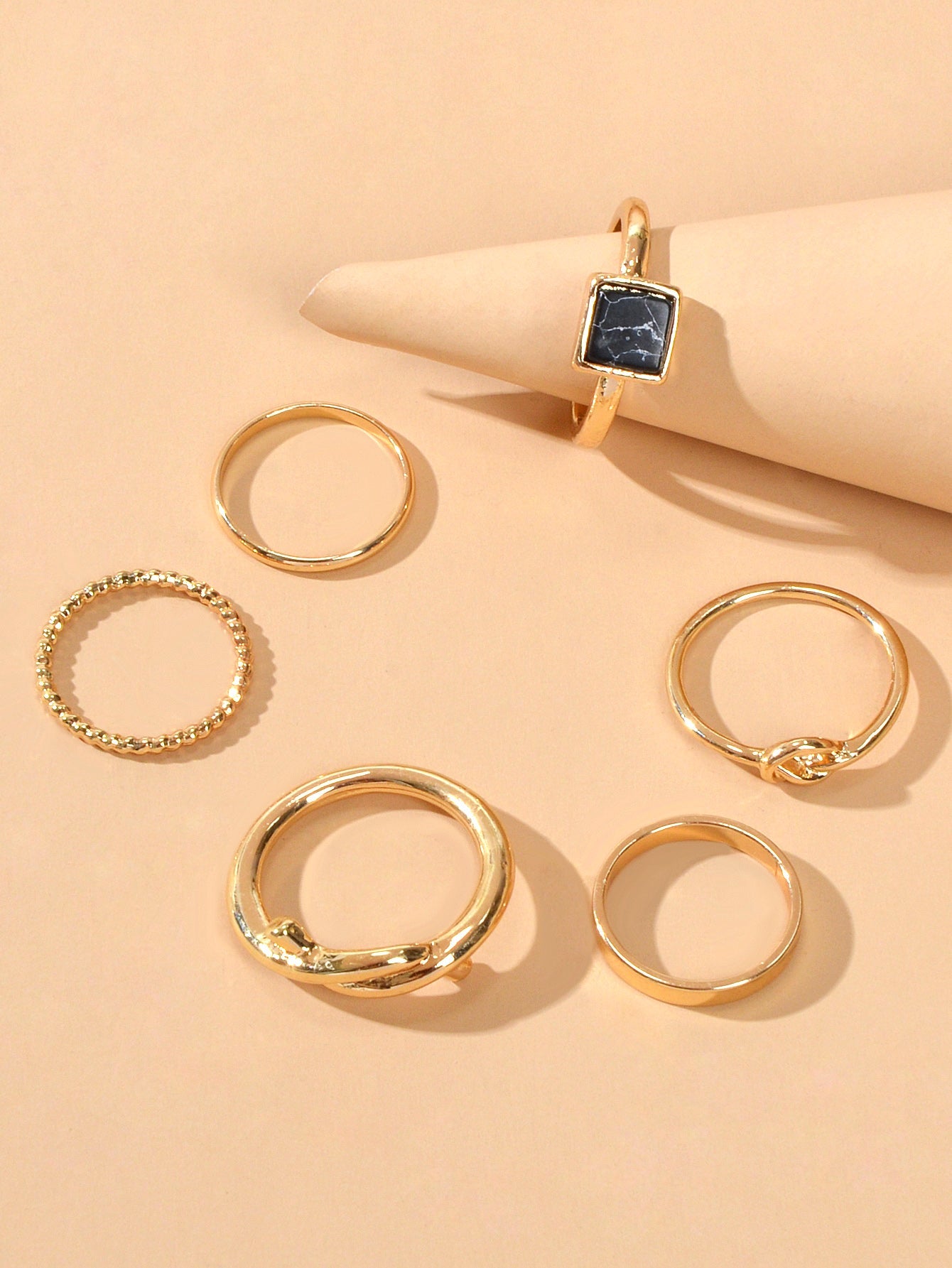 6 pcs Fashion Jewellery Black Stone Decor Gold Silver Midi Finger Knuckle Rings