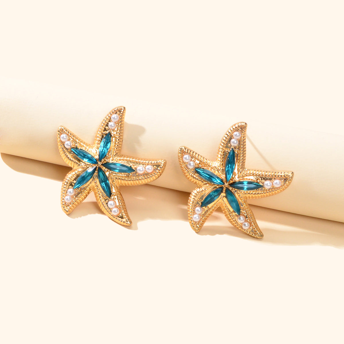 Classic Blue Gemstone Pearl Decor Sea Starfish Stud Girls New Lovely Earrings