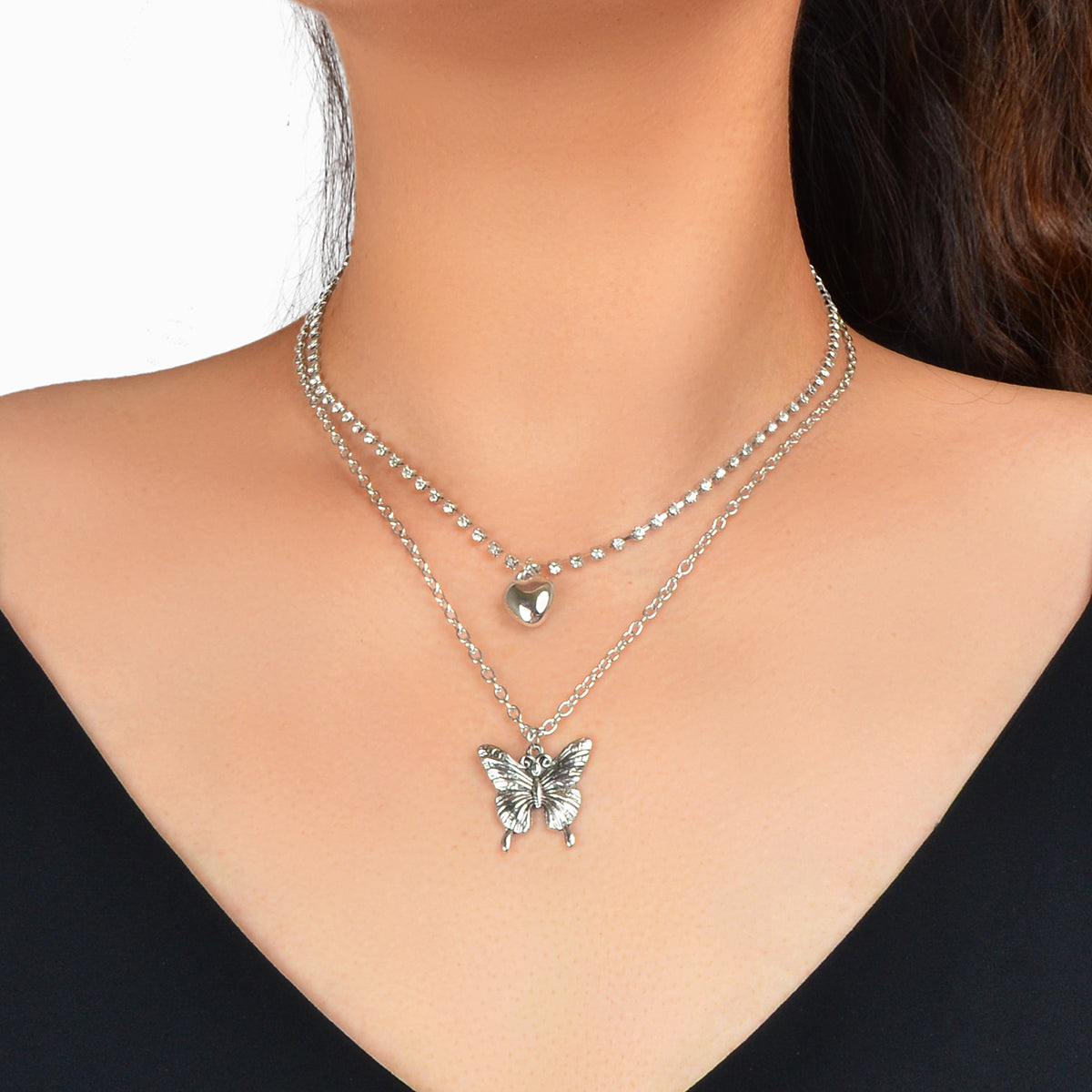 2 pcs Multiple Layered Rhinestone Chain Silver Heart Carved Butterfly Necklace-0