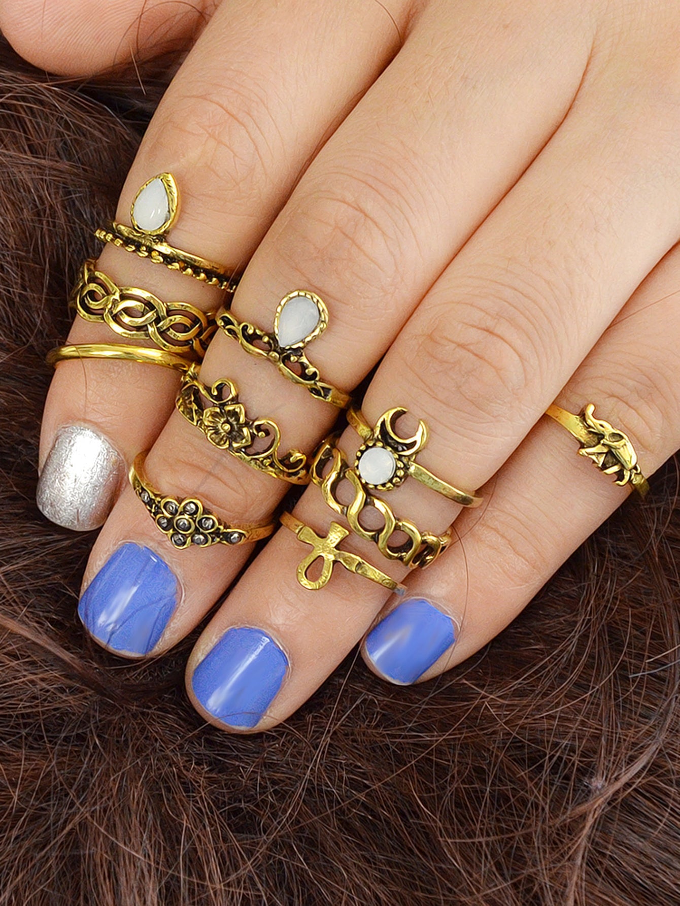 Stackable 10 pcs Tribal Ethnic Flower Elephant Vintage Multiple Finger Ring set