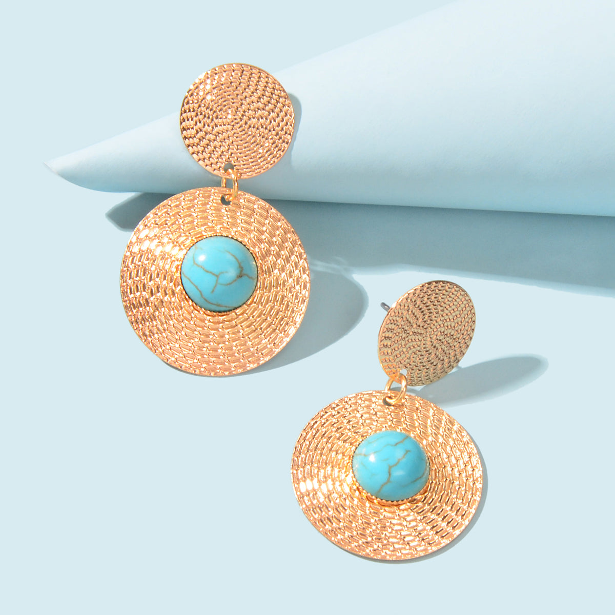 Bohemian Ethnic Style Turquoise Gold Round Disc Big Statement Vacation Earrings