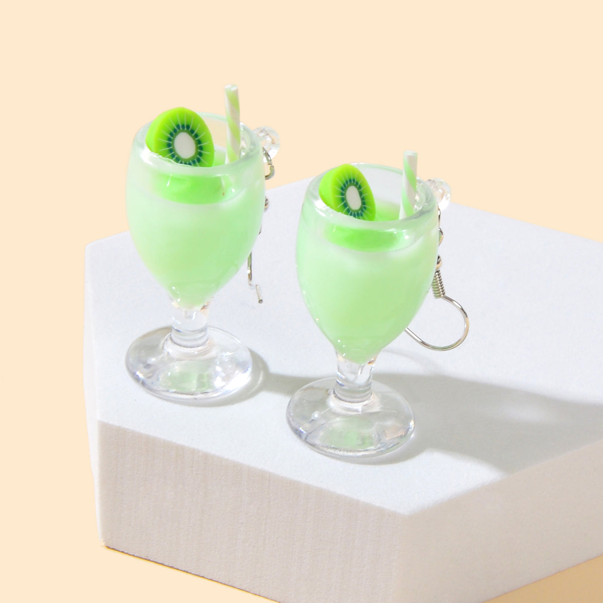 Creative Designer Jewellery Green Resin Fruit Kiwi Drink Chunky Hook Earrings