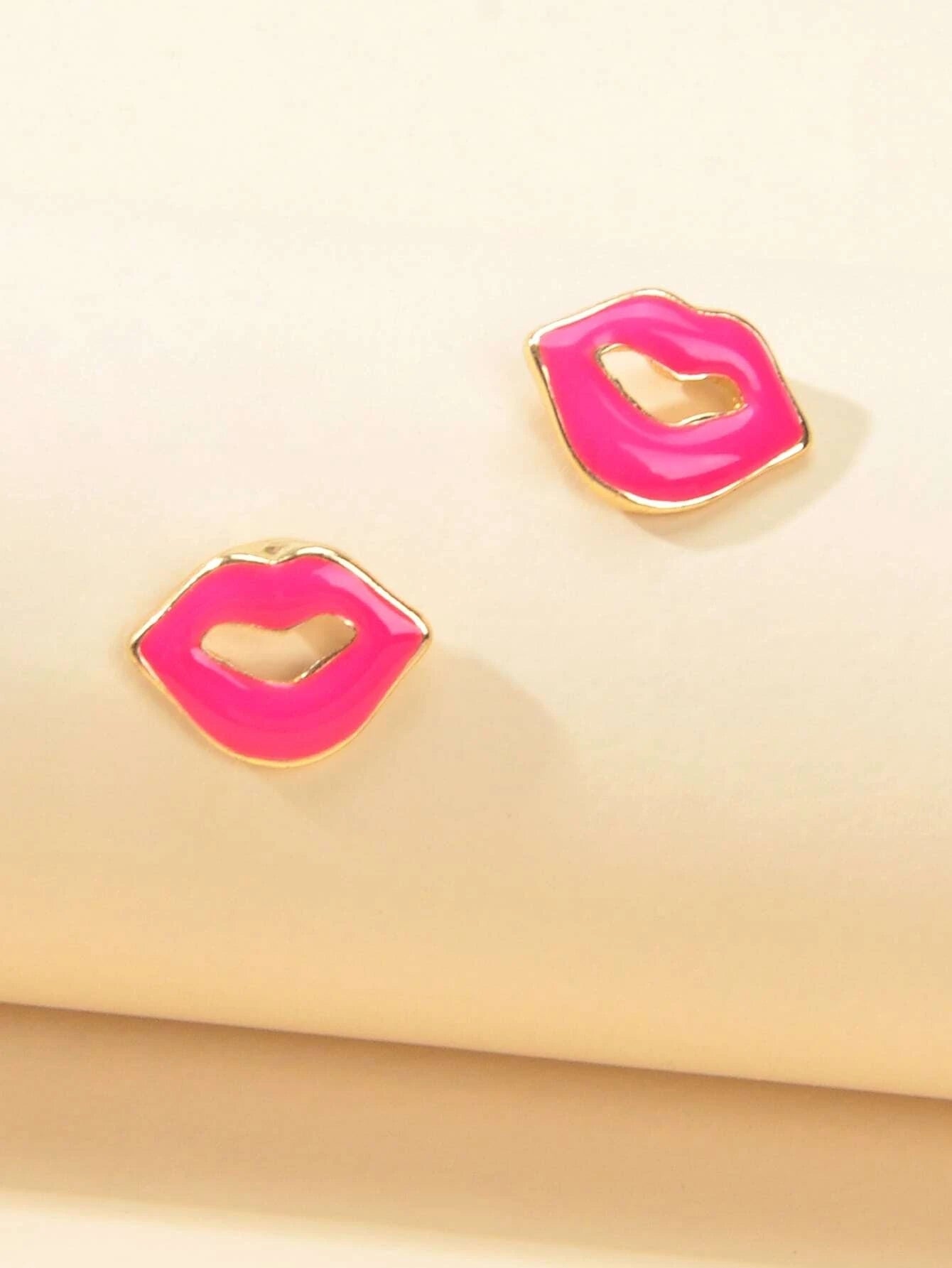 Cute Style Accessories Candy Color Hotpink Enamel Lips Small Stud Women Earrings-0