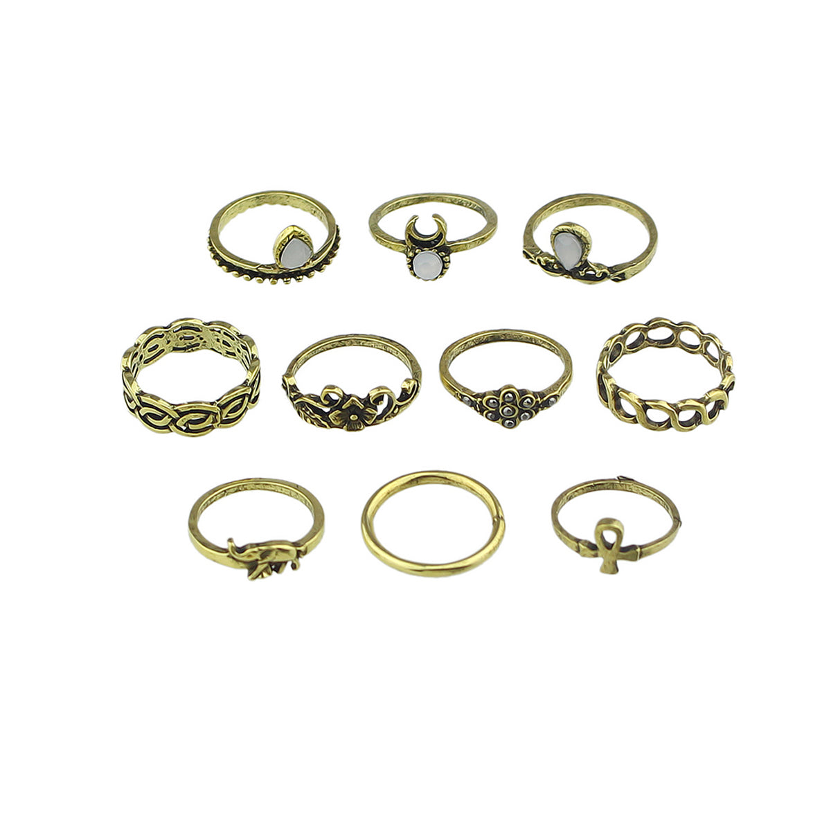 Stackable 10 pcs Tribal Ethnic Flower Elephant Vintage Multiple Finger Ring set
