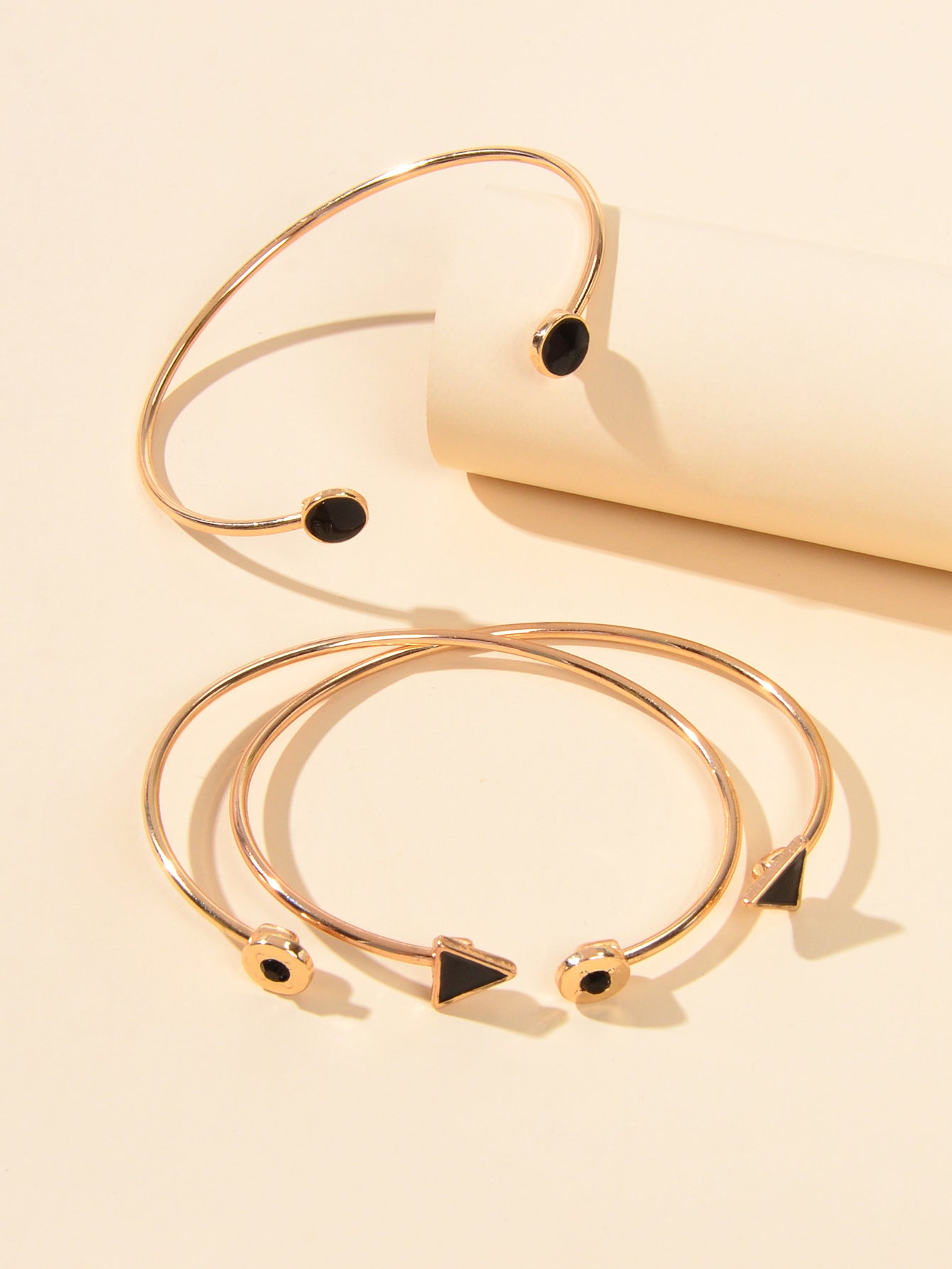 3pcs Designer Jewelry Black Enamel Round Triangle Open Cuff Bangle Bracelets set
