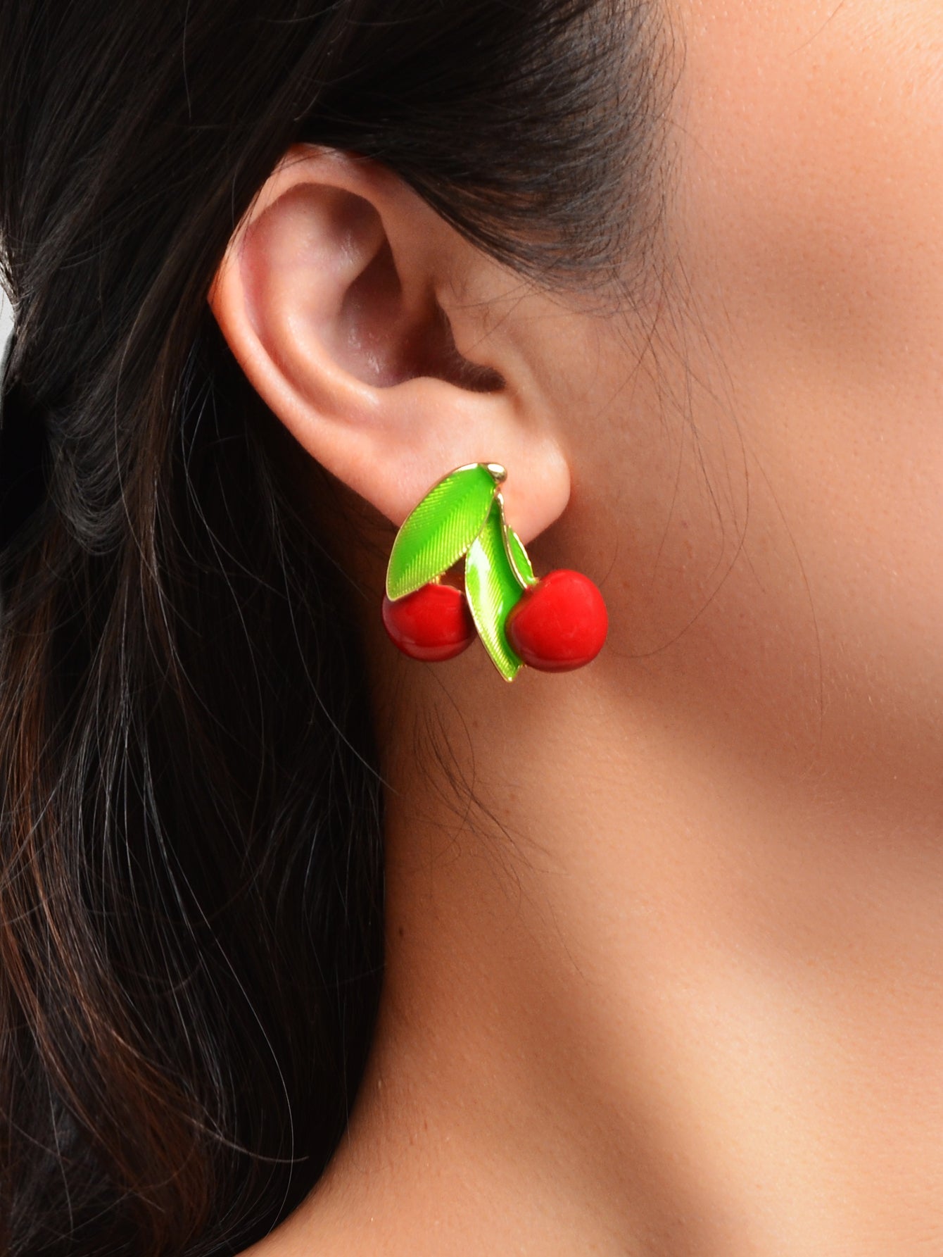 Exquisite Green Leaf Red Cherry Cute Stud Earrings Ladies Fruit Jewellery Gift