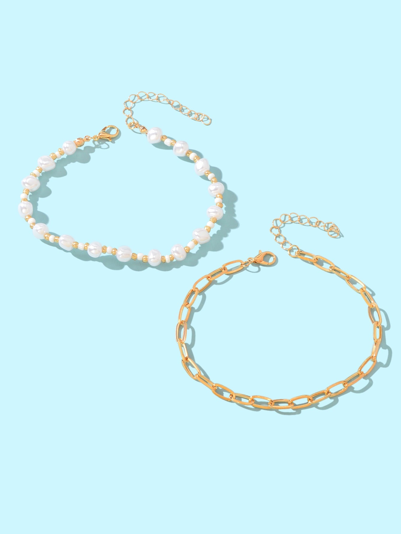 2 pcs Gold Link Chain Pearl Beaded Strand Beach Anklet Adjustable Foot Jewellery