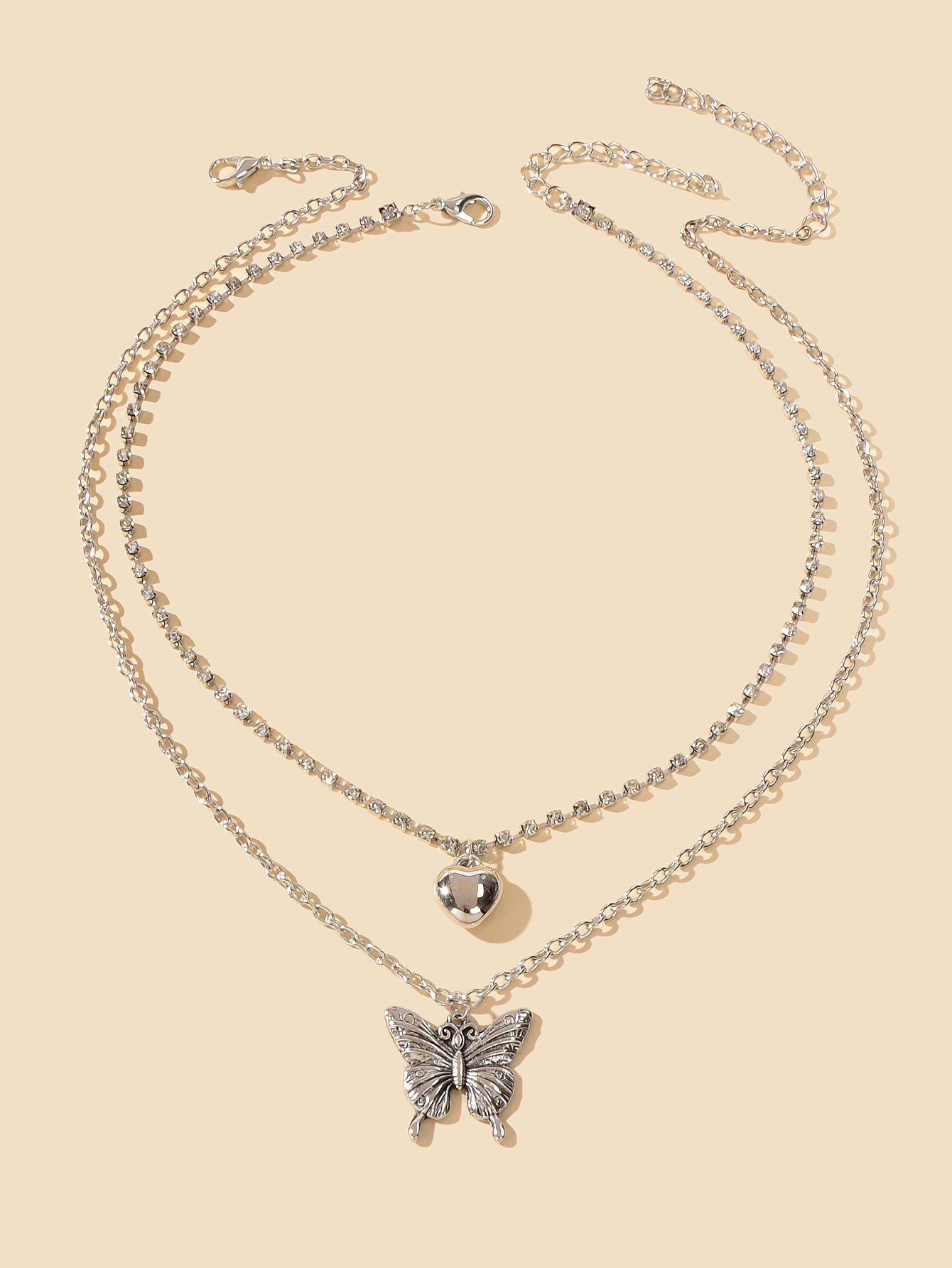 2 pcs Multiple Layered Rhinestone Chain Silver Heart Carved Butterfly Necklace-1