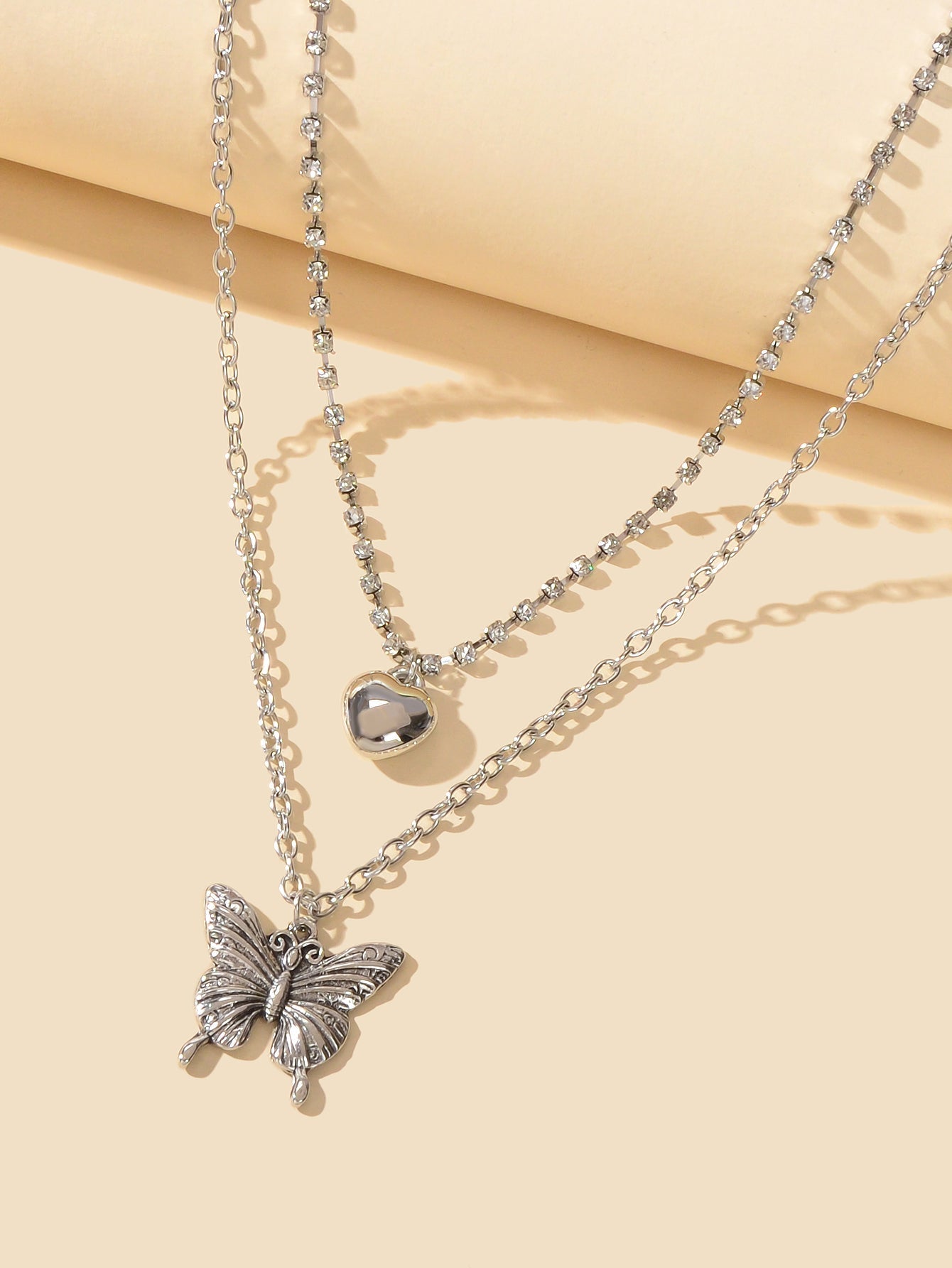 2 pcs Multiple Layered Rhinestone Chain Silver Heart Carved Butterfly Necklace-2