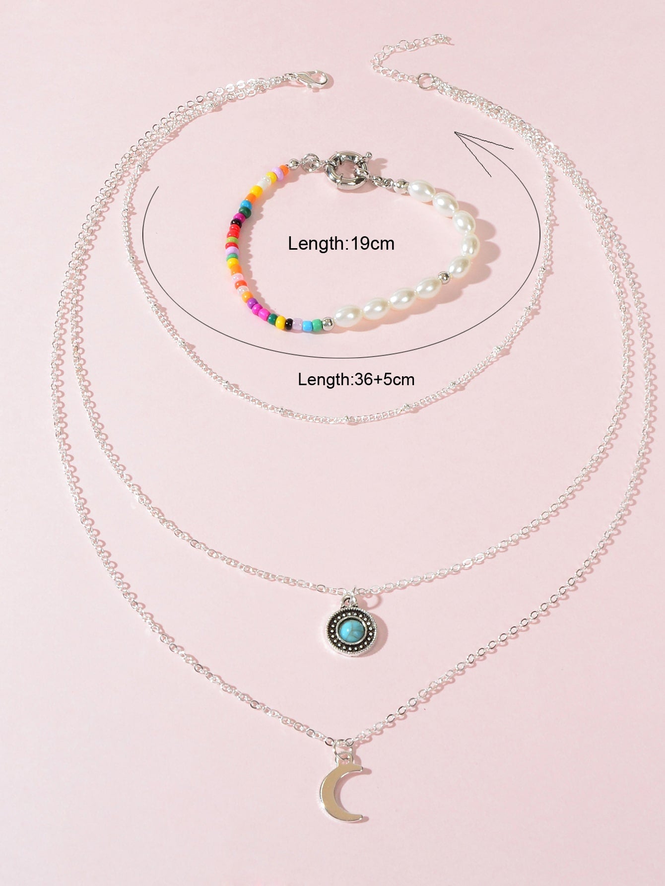 Stylish Silver Multi-Layer Necklace Colourful Beads Bracelet Set Vintage Jewelry