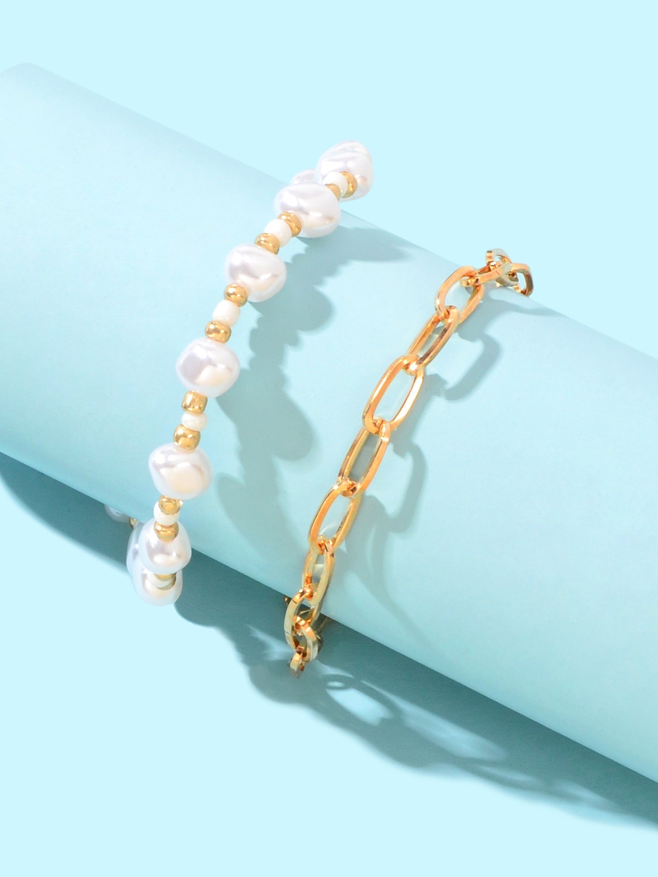 2 pcs Gold Link Chain Pearl Beaded Strand Beach Anklet Adjustable Foot Jewellery