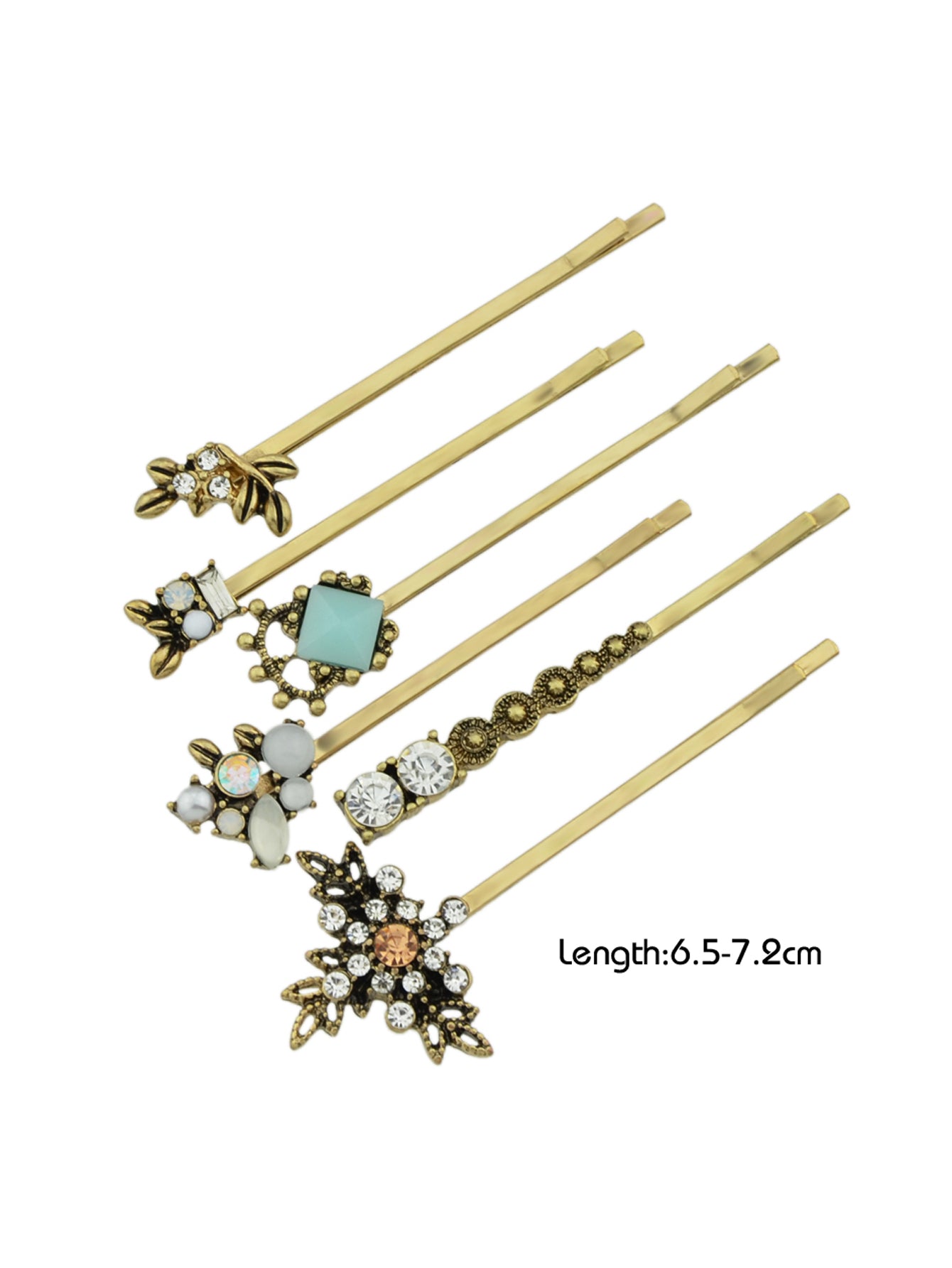 6 pcs Hair Accessories Ethnic Antique Gold Rhinestone Leaf Barrettes Hair Clips