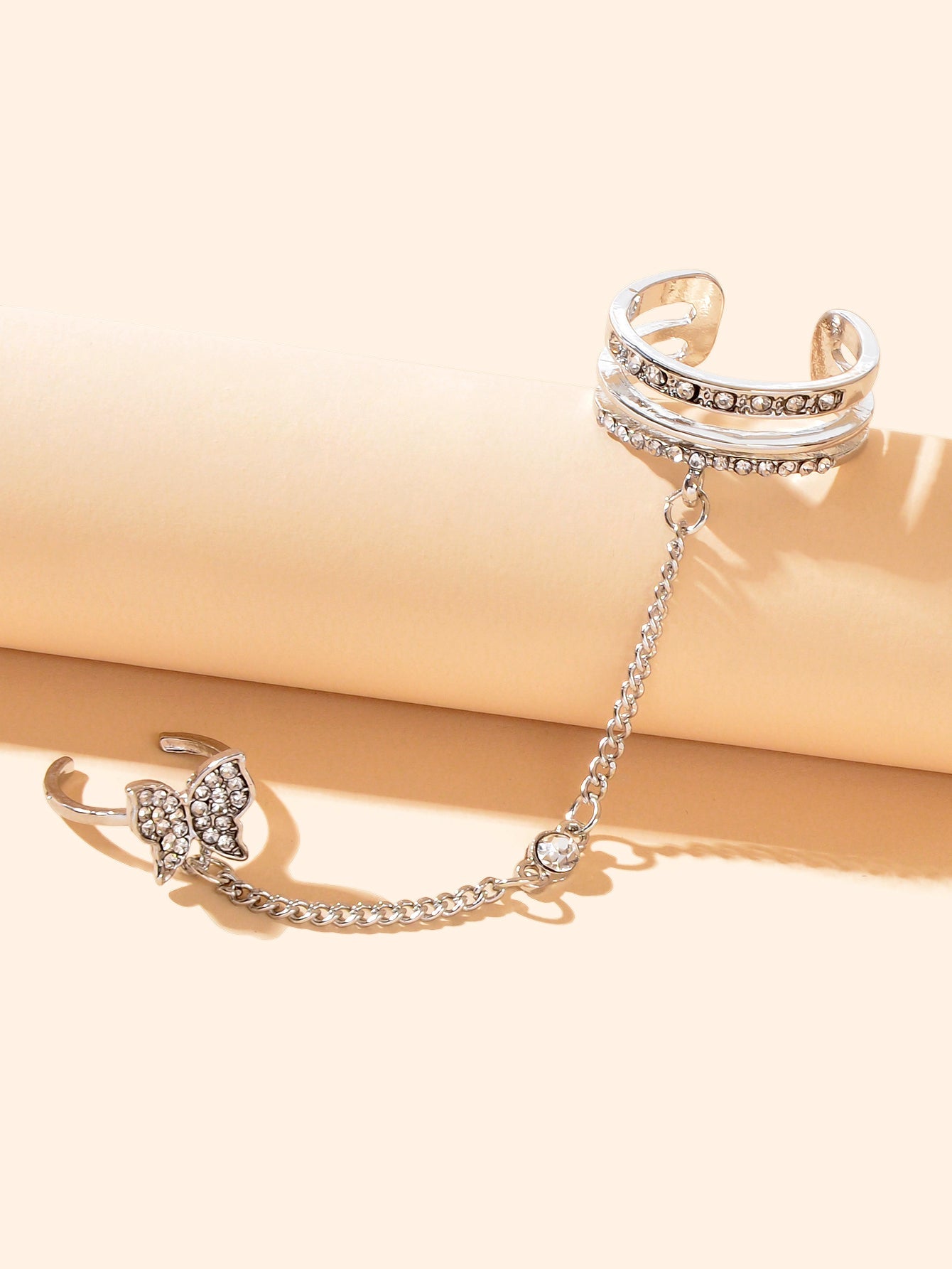 Personality Rhinestone Silver Butterfly Double Fingers Ring with Chain Ear Cuff