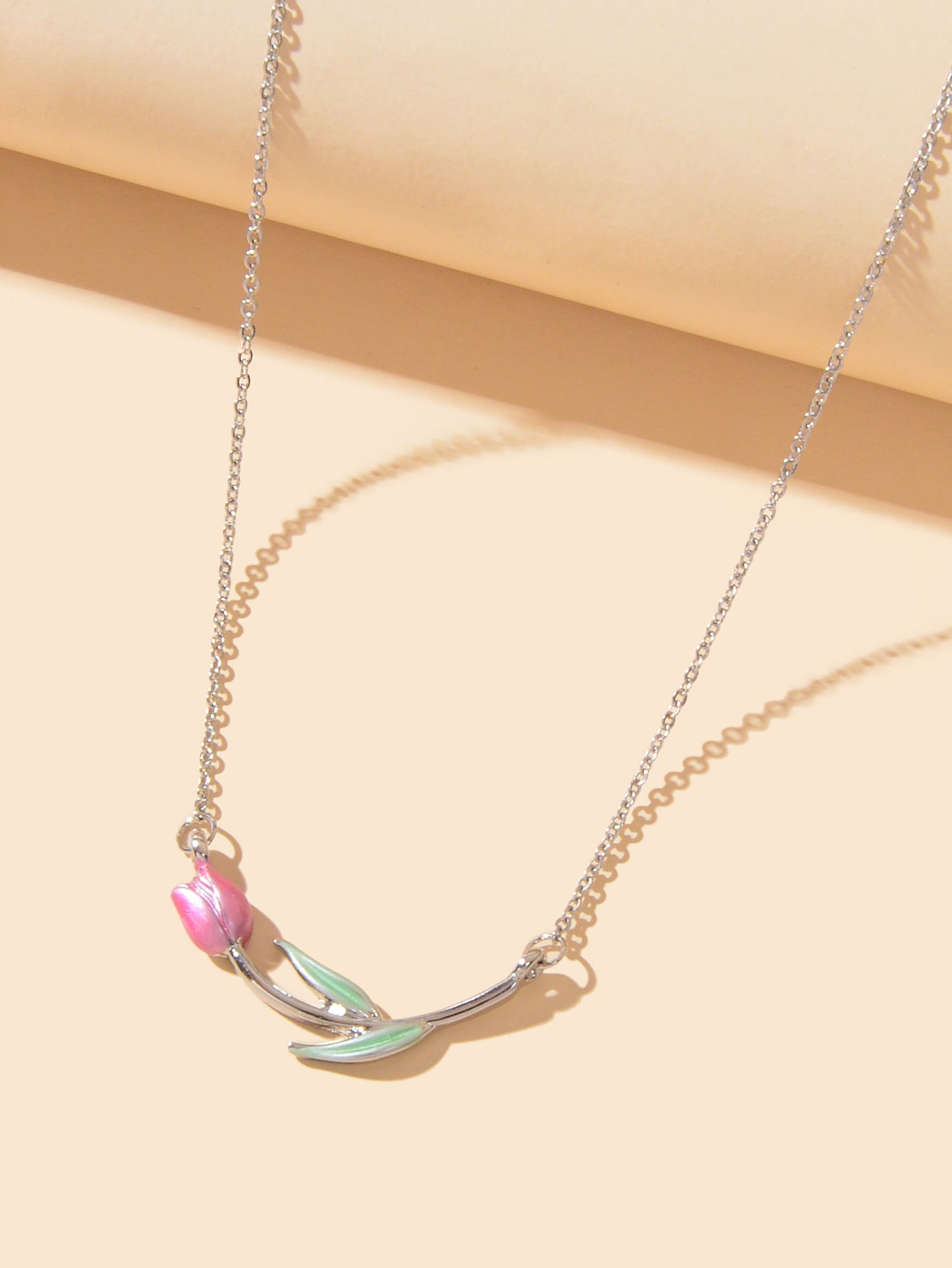 Elegant Silver Chain Green Leaf Pink Tulip Flower Pendant Anniversary Necklace