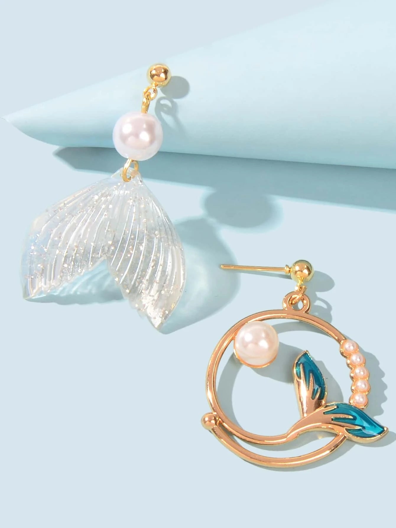 Exquisite Women Accessories Pearl Decor Mermaid Tail Asymmetric Holiday Earrings