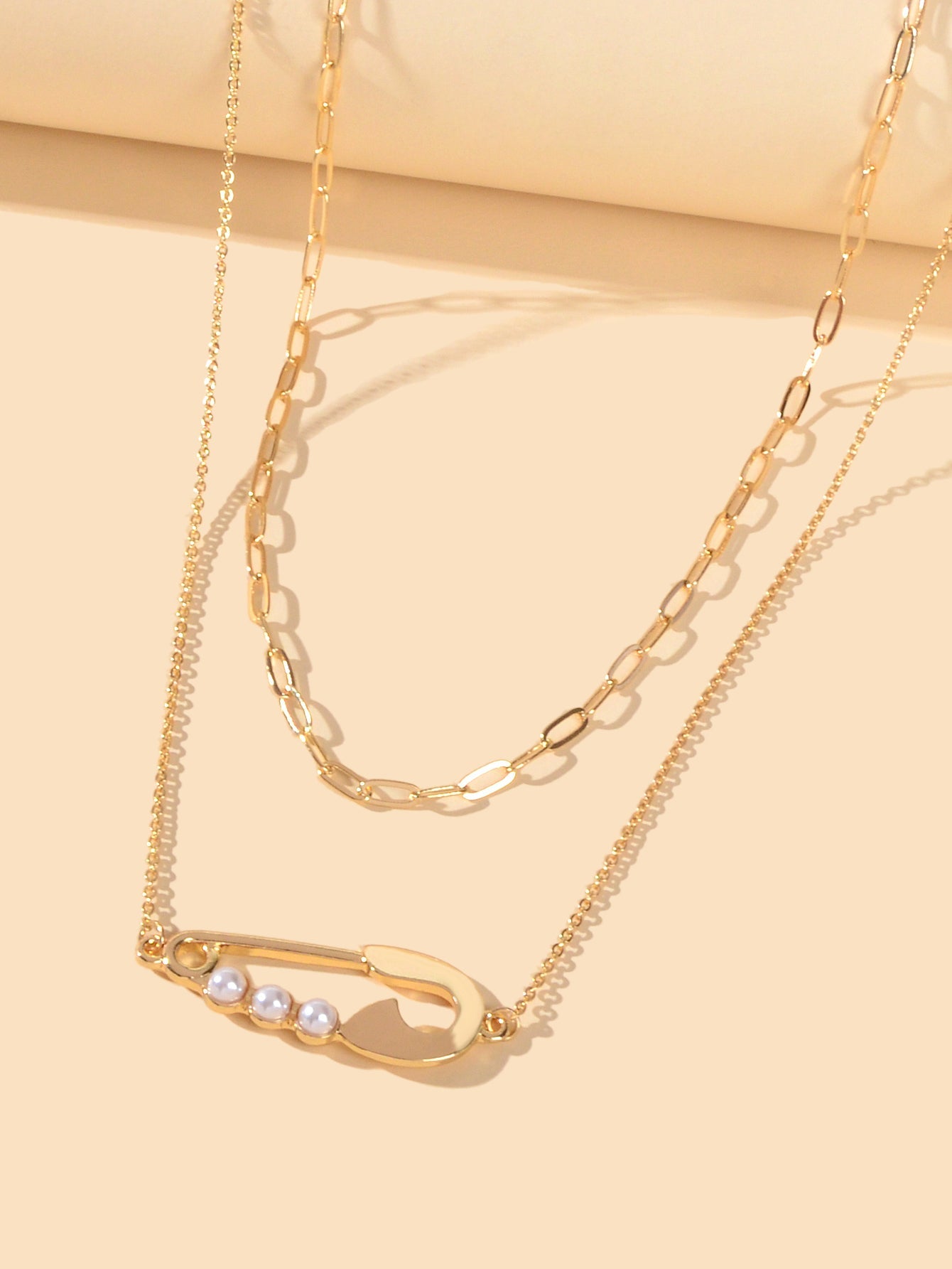 2pcs Popular Accessories Gold Chain Pearl Decor Pin Charm Necklace Women Jewelry-3