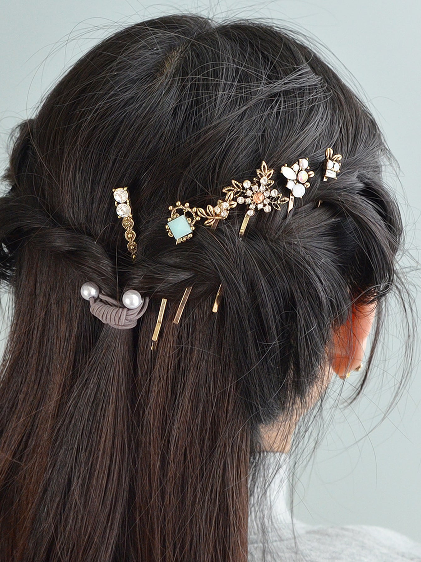 6 pcs Hair Accessories Ethnic Antique Gold Rhinestone Leaf Barrettes Hair Clips