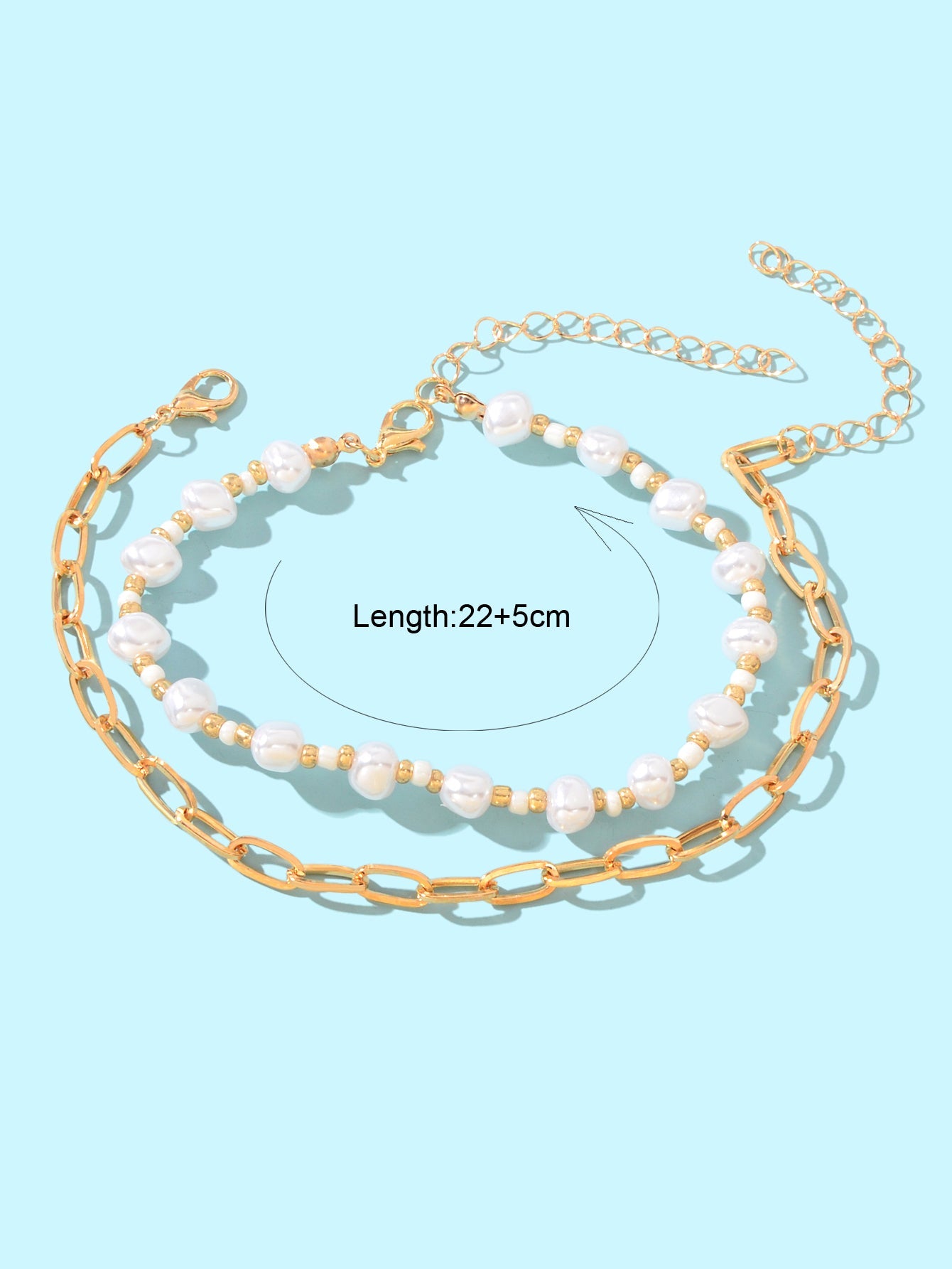 2 pcs Gold Link Chain Pearl Beaded Strand Beach Anklet Adjustable Foot Jewellery