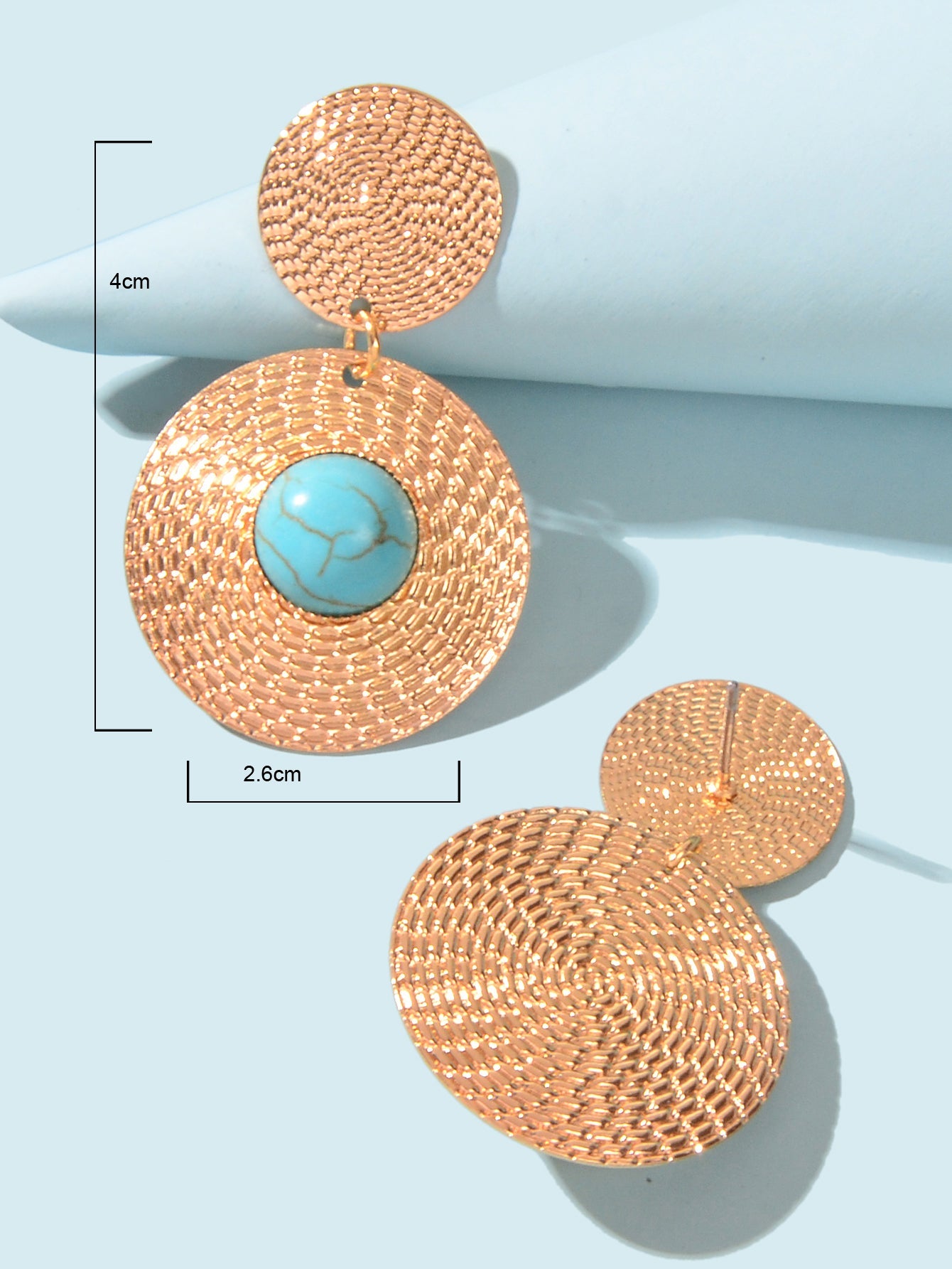 Bohemian Ethnic Style Turquoise Gold Round Disc Big Statement Vacation Earrings
