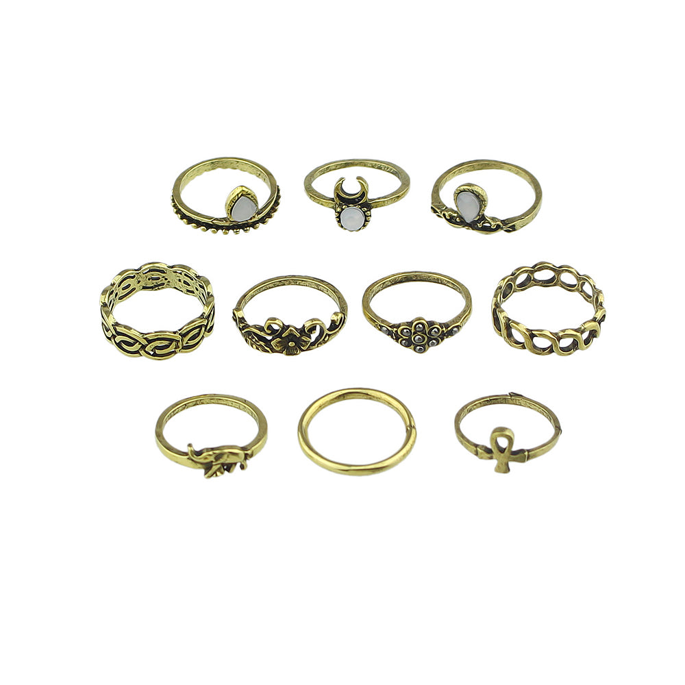 Stackable 10 pcs Tribal Ethnic Flower Elephant Vintage Multiple Finger Ring set