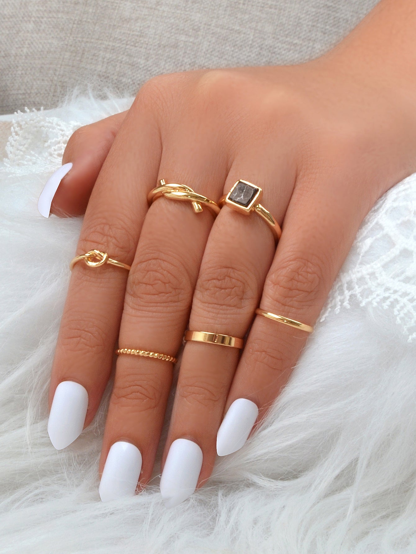 6 pcs Fashion Jewellery Black Stone Decor Gold Silver Midi Finger Knuckle Rings