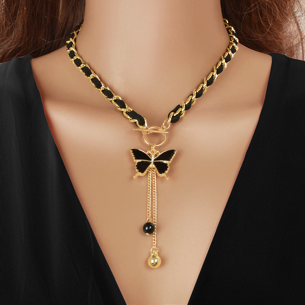 1pc Designer Stylish Butterfly Charm and Ball Pendant Tassel Braided Long Necklace Women Party Daily Jewelry