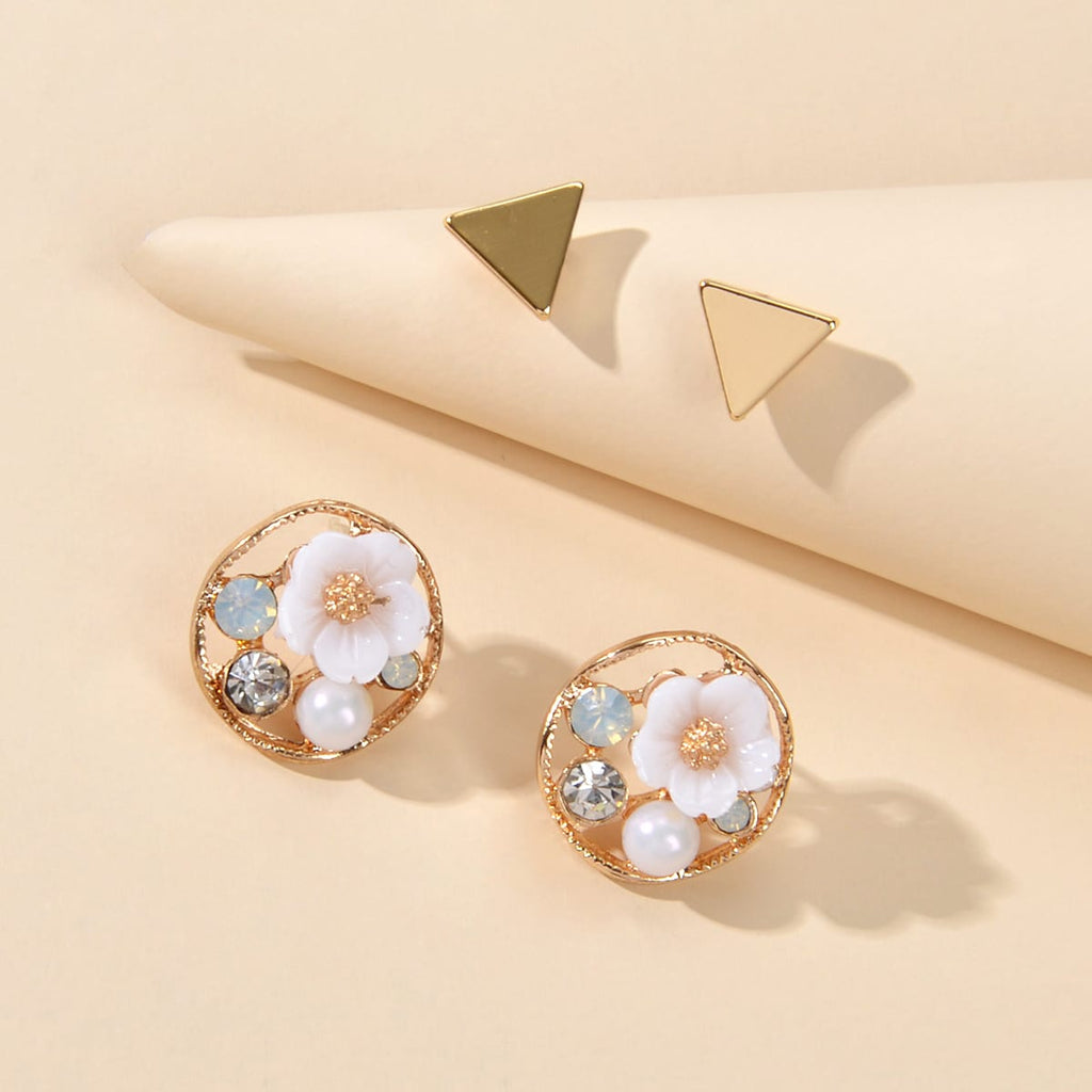 White Floral Stud Earrings Gold Triangle Earrings Set Elegant Jewelry Collection