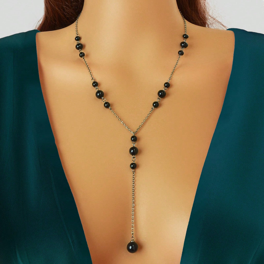 Pearl Decoration Long Gold Chain Y Shape Pendant Clavicle Necklace Teens Collar