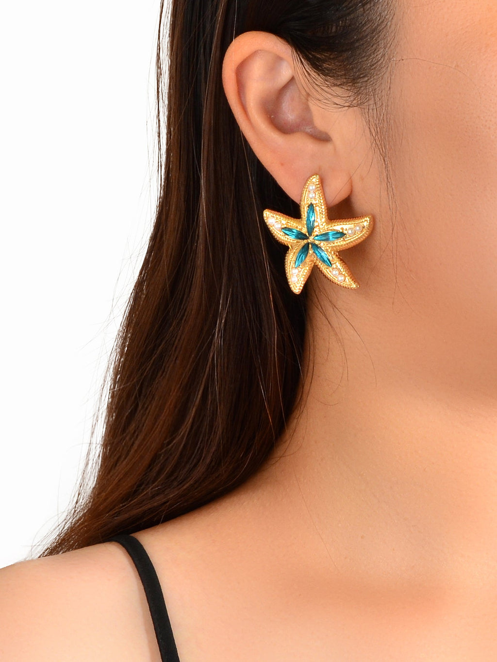 Classic Blue Gemstone Pearl Decor Sea Starfish Stud Girls New Lovely Earrings