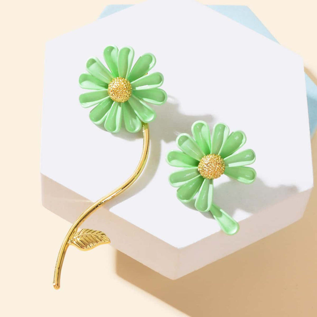 Asymmetrical White Enamel Flower Stick Stud Dangle Earrings Ear Jacket Jewellery