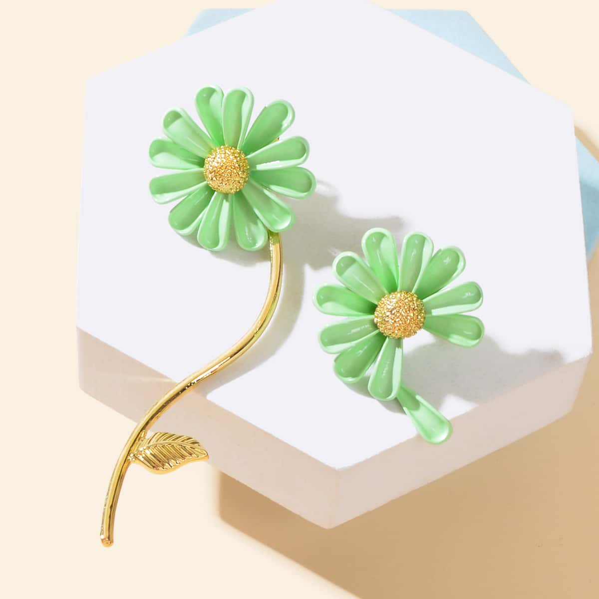 Asymmetrical White Enamel Flower Stick Stud Dangle Earrings Ear Jacket Jewellery