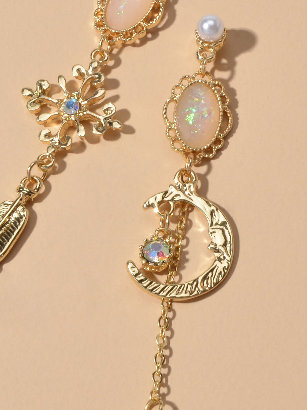 AU Local Rhinestone Moon Feather Snowflake Waterdrop Asymmetric Stud Earrings