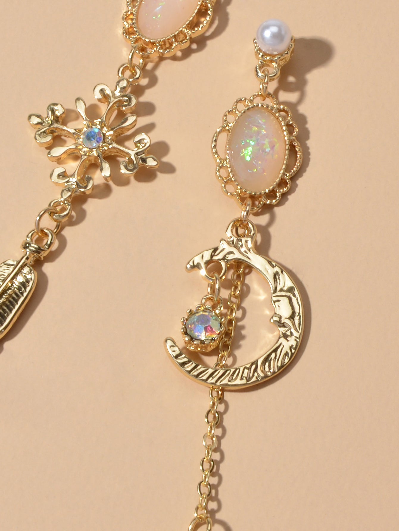 AU Local Rhinestone Moon Feather Snowflake Waterdrop Asymmetric Stud Earrings