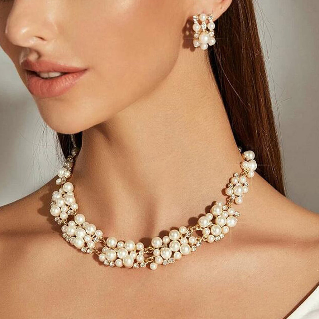 Rhinestone Pearl Collar Necklace Stud Earrings Luxurious Engagement Jewelry Set-5