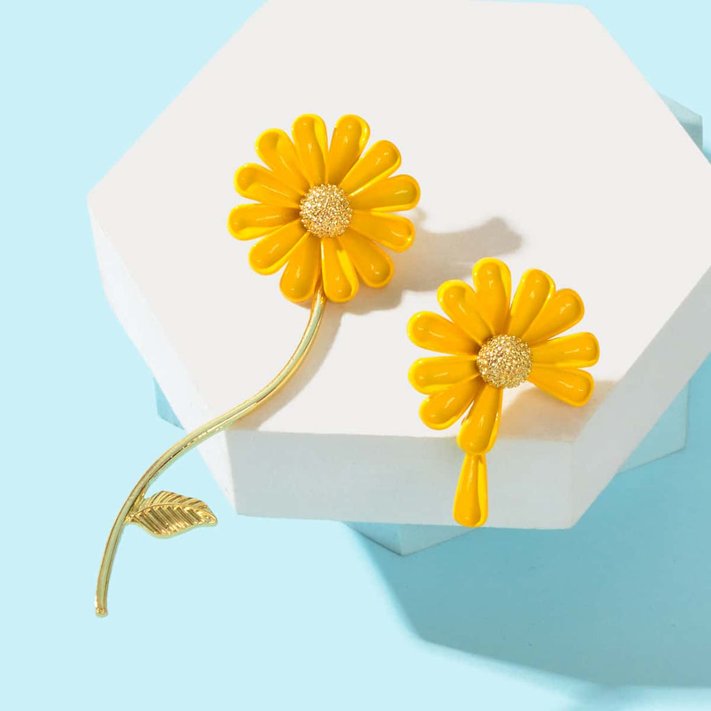 Asymmetrical White Enamel Flower Stick Stud Dangle Earrings Ear Jacket Jewellery