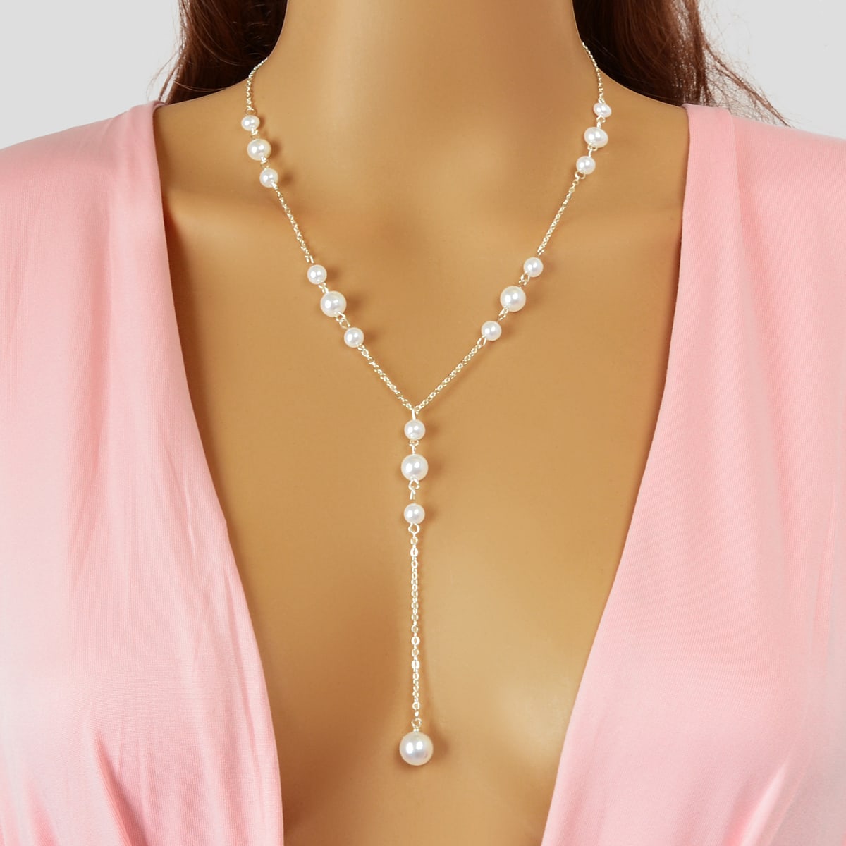 Pearl Decoration Long Gold Chain Y Shape Pendant Clavicle Necklace Teens Collar
