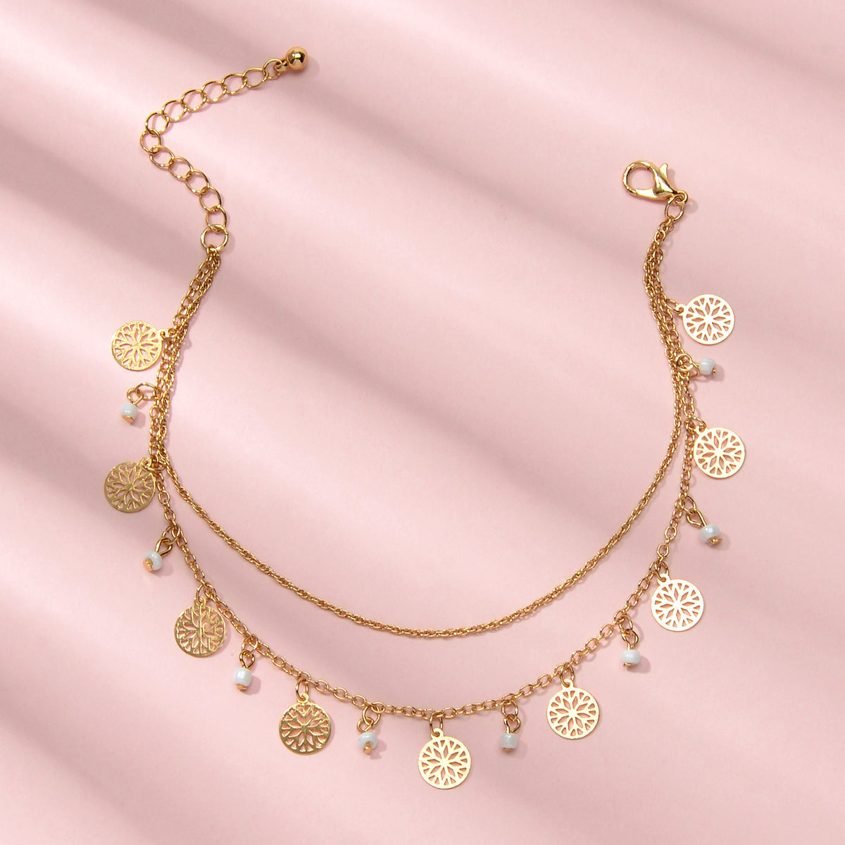 AU Stock Foot Beach Jewellery Doublelayer Chain Beads Disc Charm Anklet Bracelet