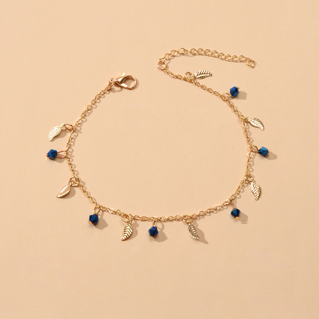 Feelontop Blue BeadsLeaf Charm Anklet Bohemia Handmade Beach Bracelet Foot Chain