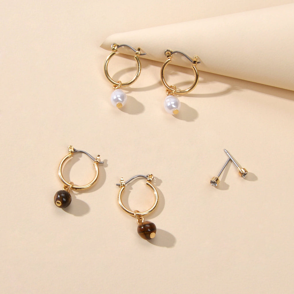 3 pairs Ear Jewellery Pearl Beads Charm Hoop Earrings set Rhinestone Studs Gift