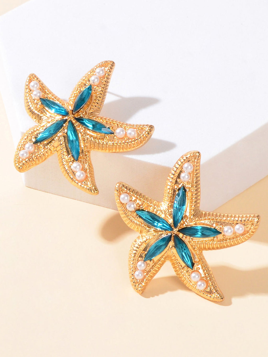 Classic Blue Gemstone Pearl Decor Sea Starfish Stud Girls New Lovely Earrings