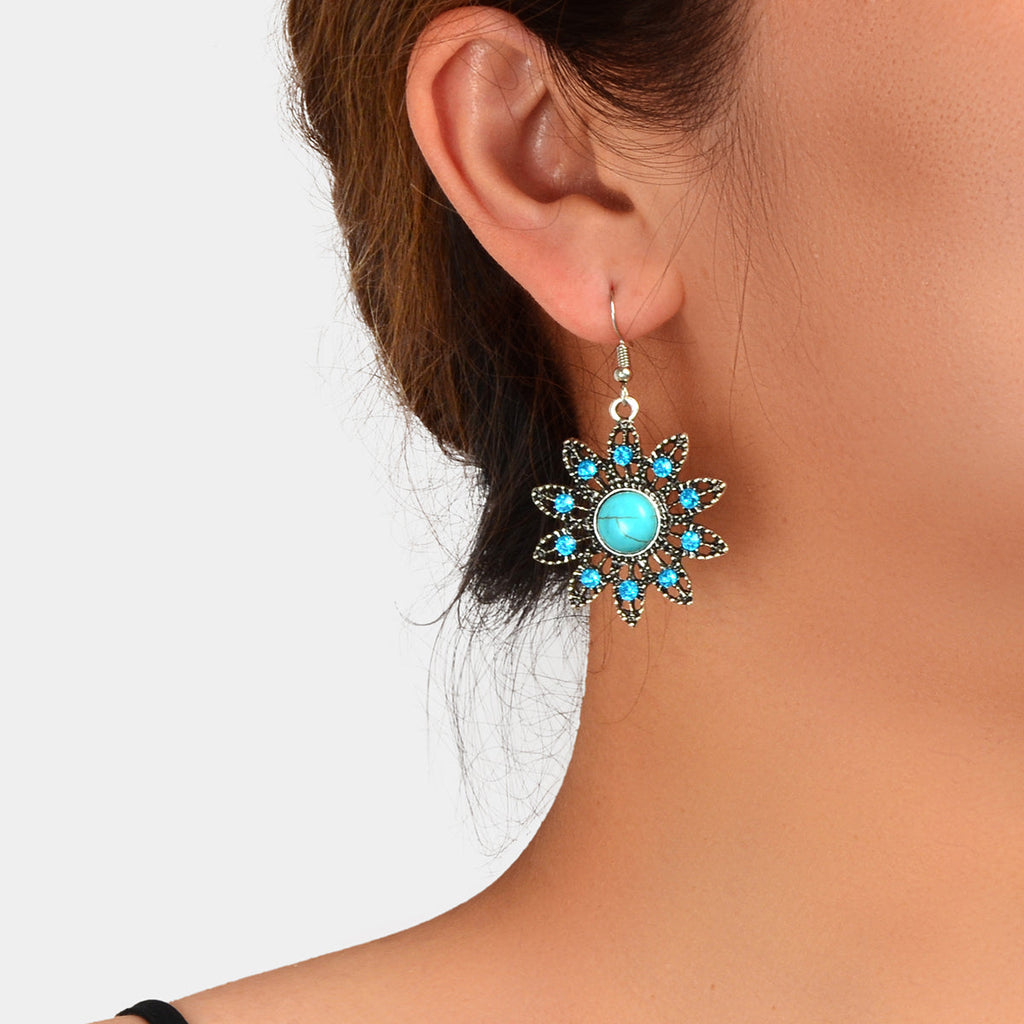Vintage Jewelry Antique Silver Hollow out Blue Turquoise Flower Dangle Earrings