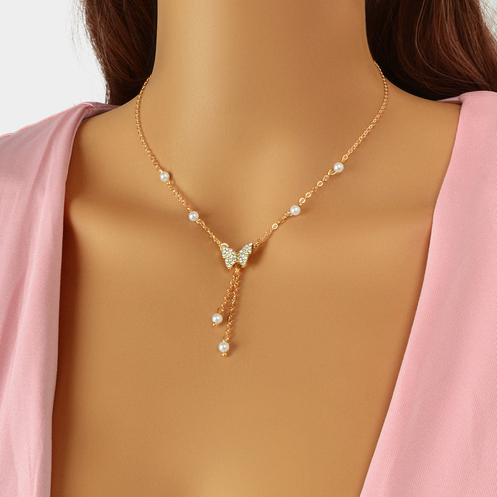 Personalized Gold Plated Dainty Buttefly Lariat Y-Shaped Necklace Pearl Jewelry