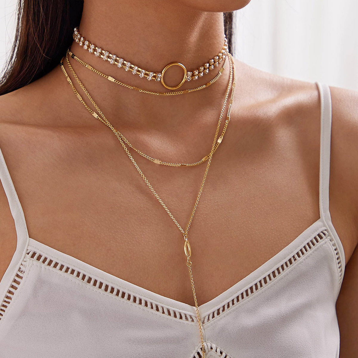 Ladies Jewellery Rhinestone Multi-layer Gold Chain Y Shape Pendant Necklace Gift