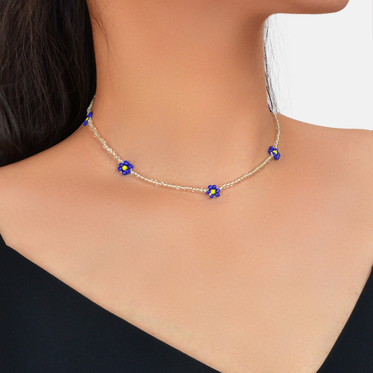 Boho Handmade Seed Beads Choker Blue Flower Collar Necklace Prom Party Jewellery