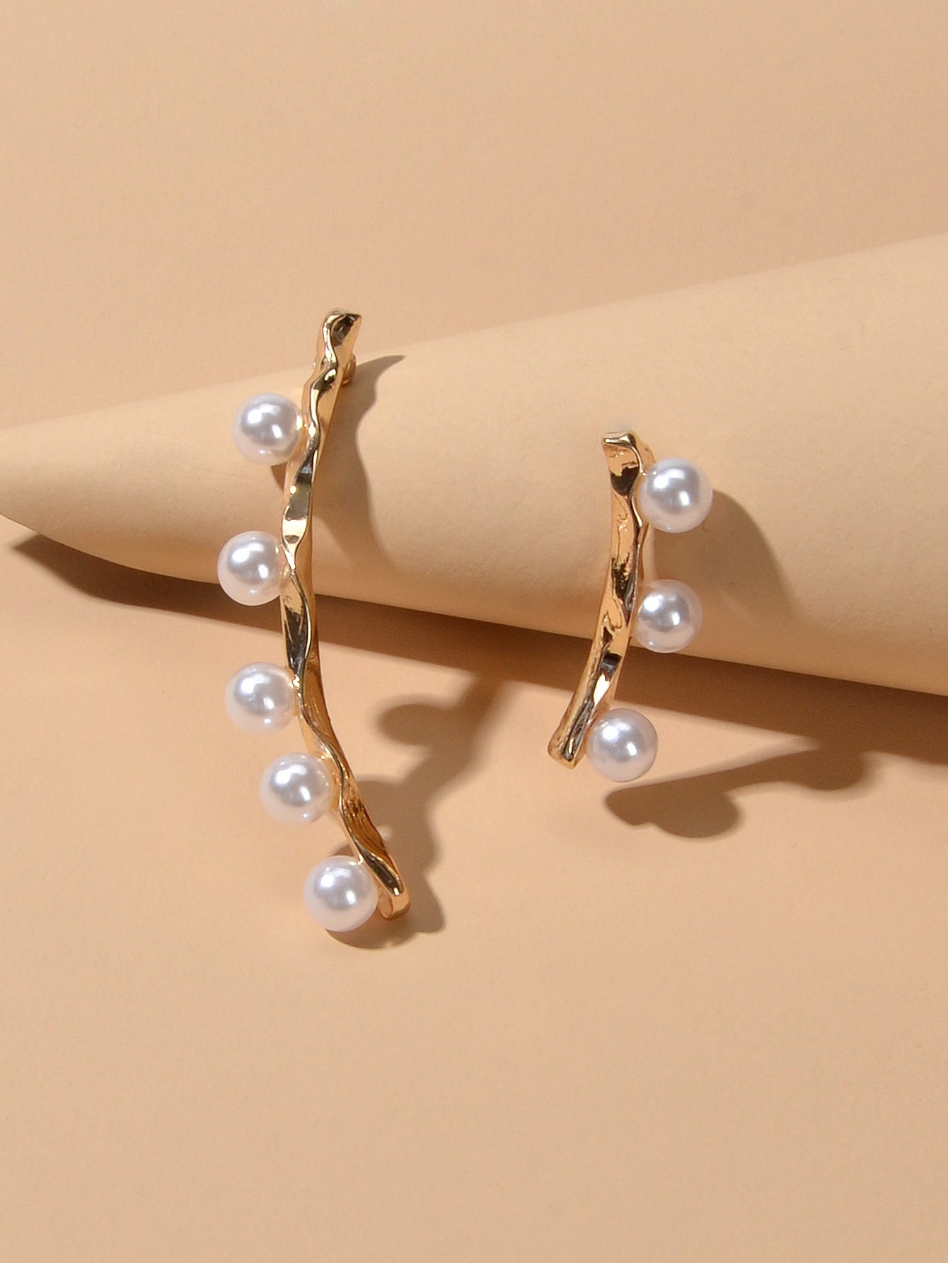 Anniversary Jewellery Pearl Decor Gold Strip Asymmetric Pierced Stud Earrings