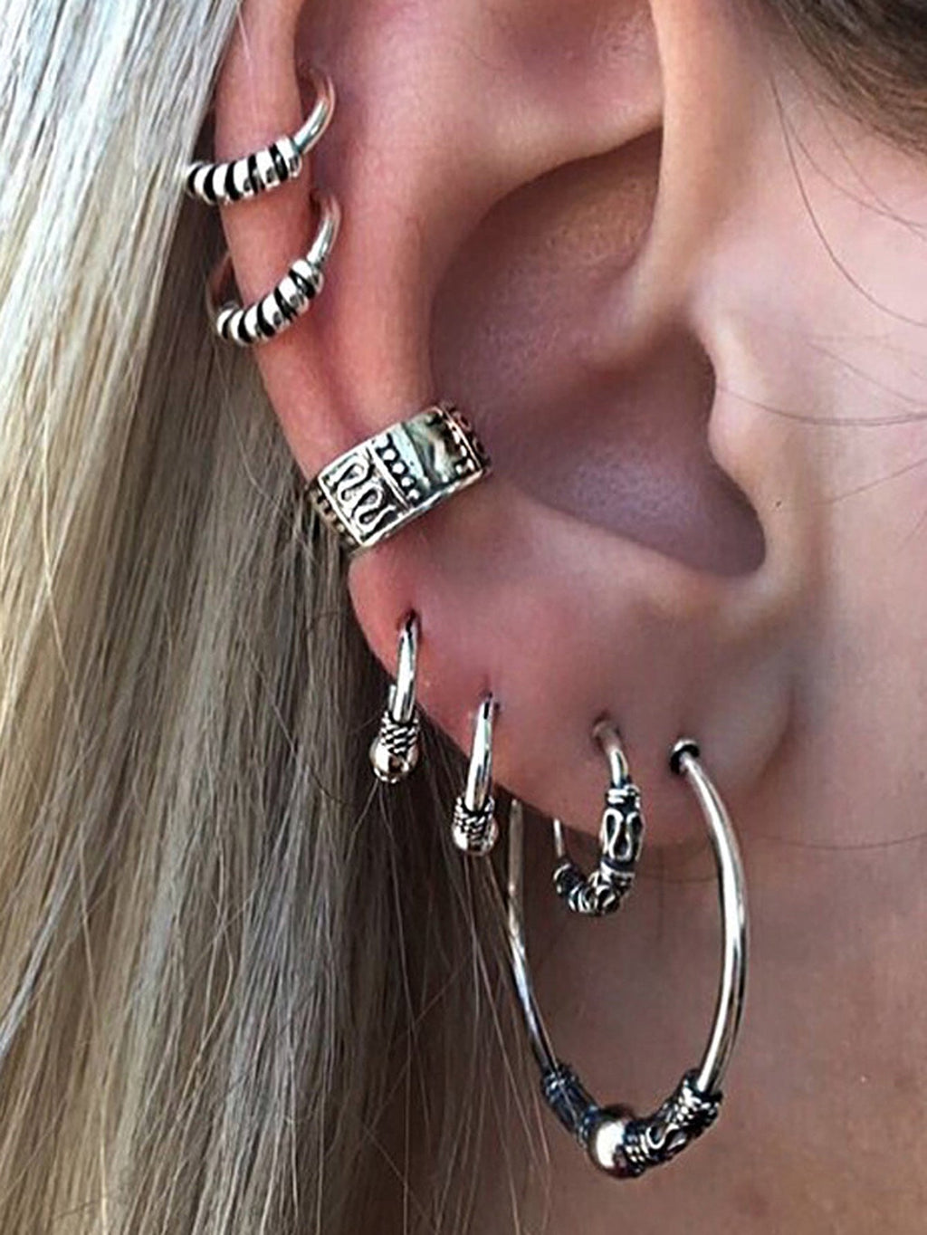 7 pcs Boho Chic Antique Silver Hoop Earrings Set Oxidized Intricate Ear Cuffs