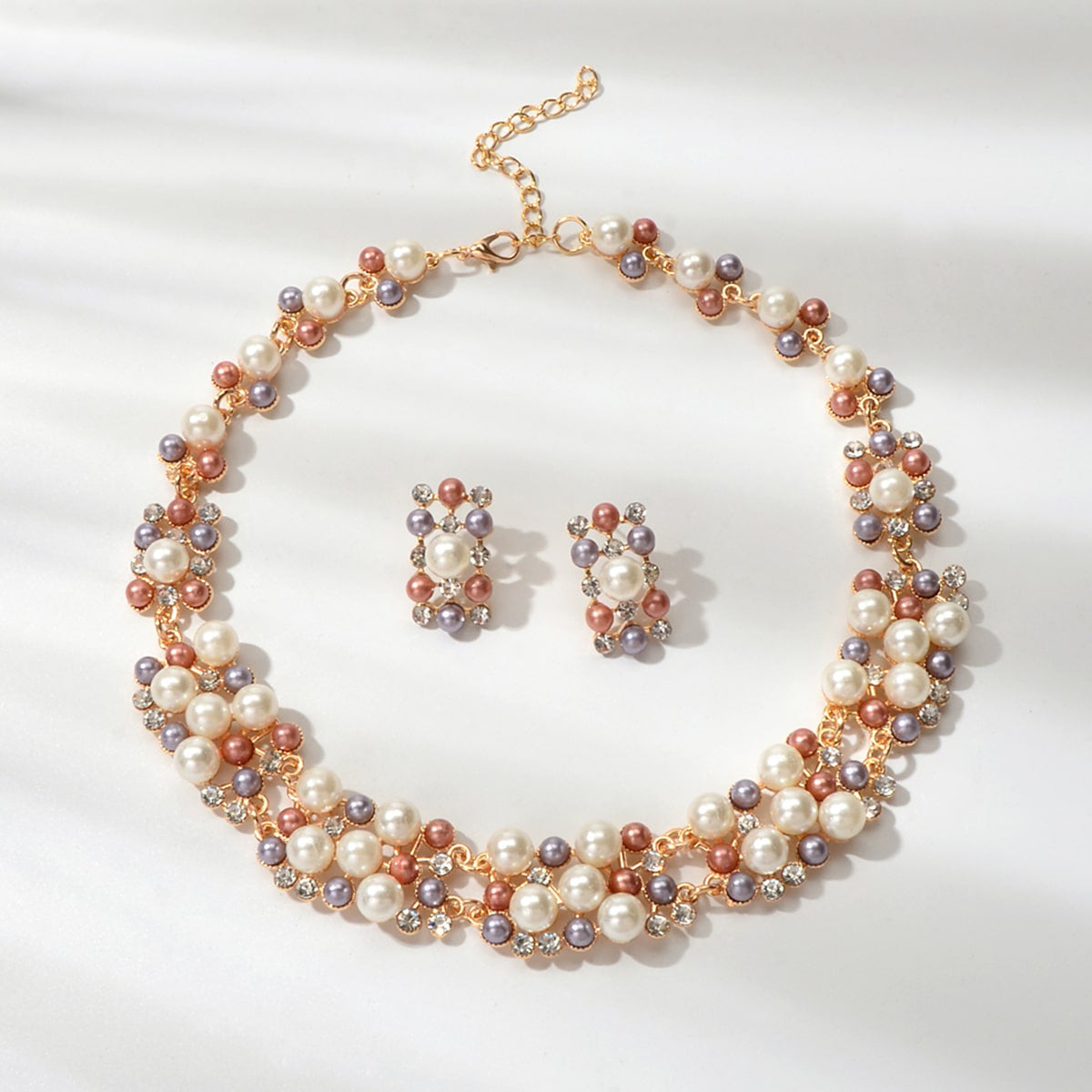 Rhinestone Pearl Collar Necklace Stud Earrings Luxurious Engagement Jewelry Set-0