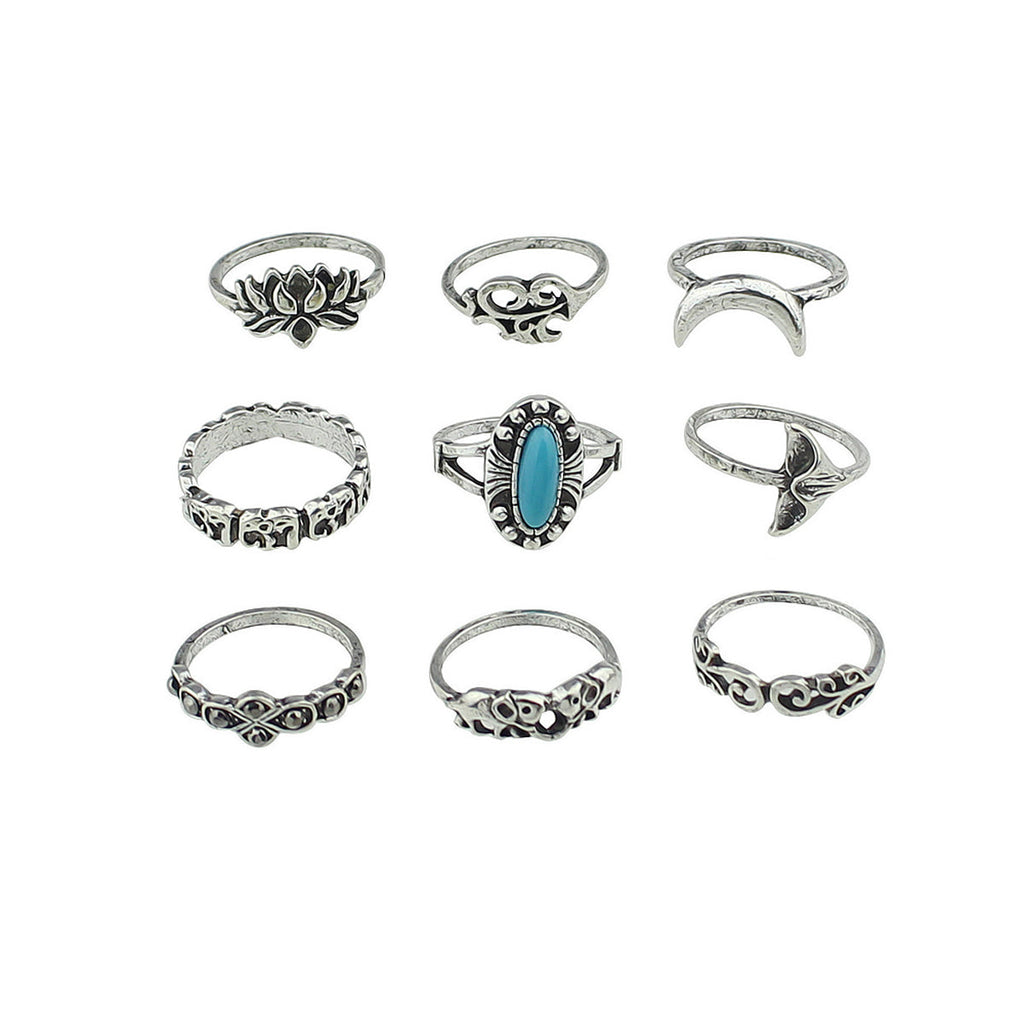 Stackable 9pcs Tribal Ethnic Lotus Elephant Moon Flower Multiple Bulk Rings set