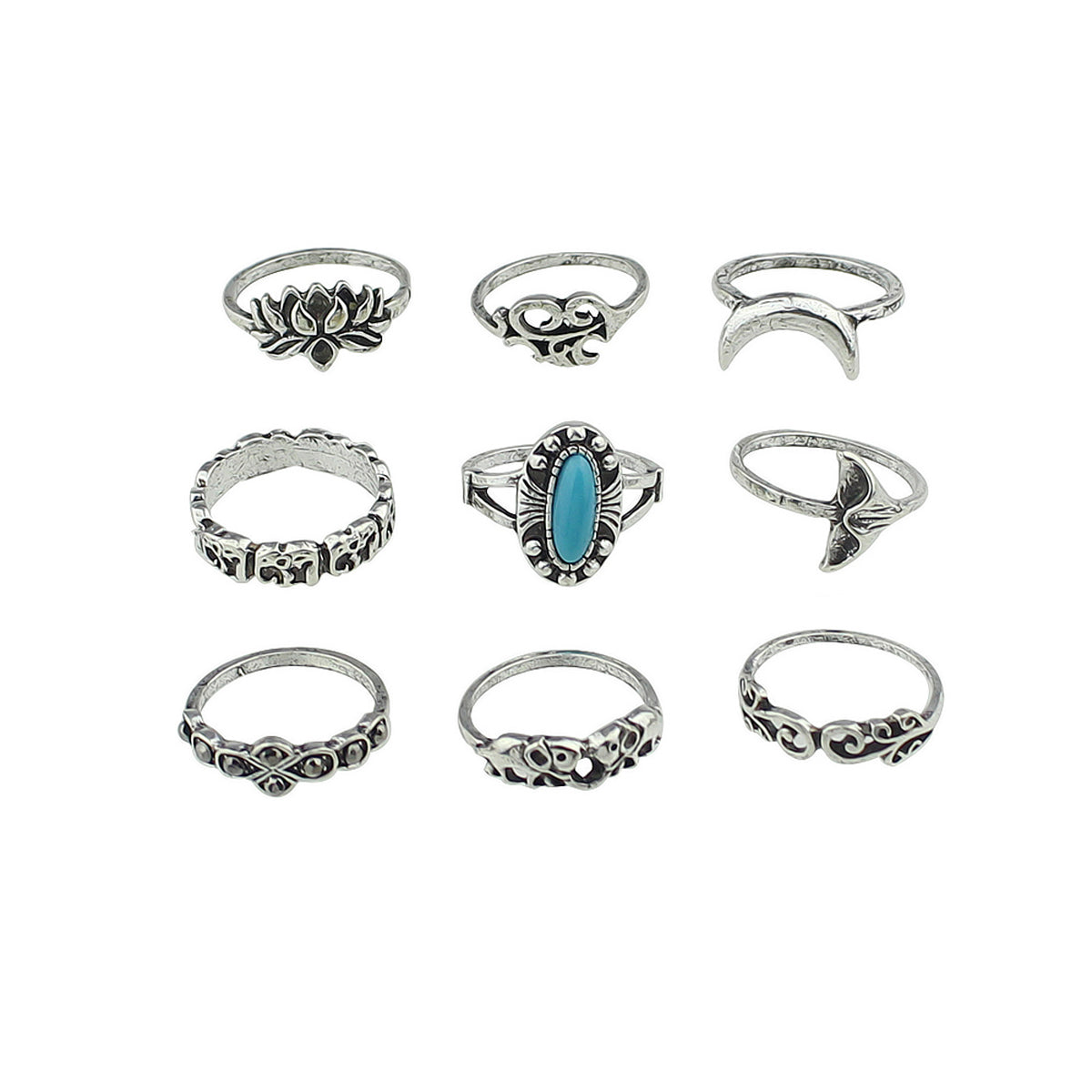 Stackable 9pcs Tribal Ethnic Lotus Elephant Moon Flower Multiple Bulk Rings set