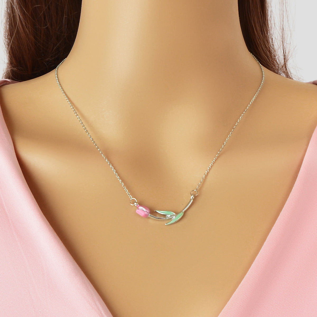 Elegant Silver Chain Green Leaf Pink Tulip Flower Pendant Anniversary Necklace